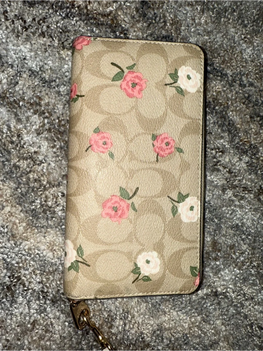 Coach Beige Floral Signature Wristlet with Pink Accents